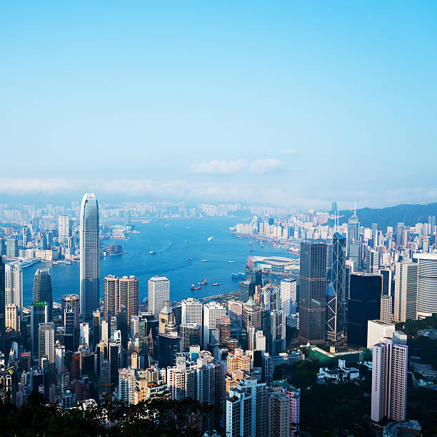 Hong Kong skyline and the victoria harbor, aerial view.
